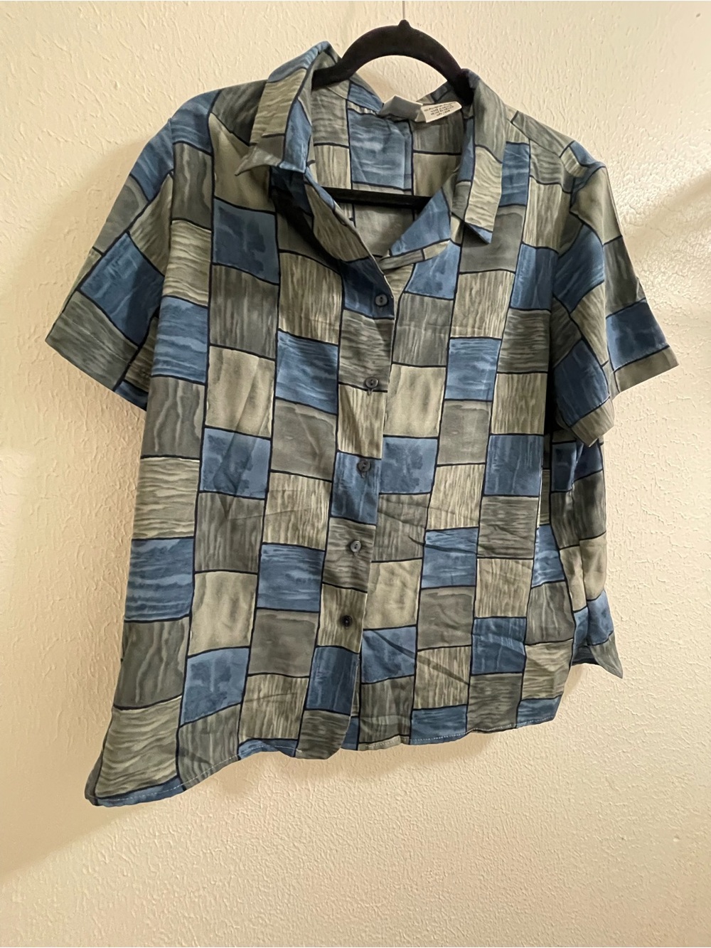 Liz Baker Blue and Gray Check Short-Sleeve Button-Up Shirt 16P A4